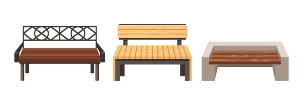 Bancs de rue, meubles d'assise d'extérieur faits de matériaux durables tels que le métal, la pierre ou le bois, sièges et supports à lattes caractéristiques, fournissant un lieu de repos pour les piétons dans les espaces urbains et publics - Vecteur, image