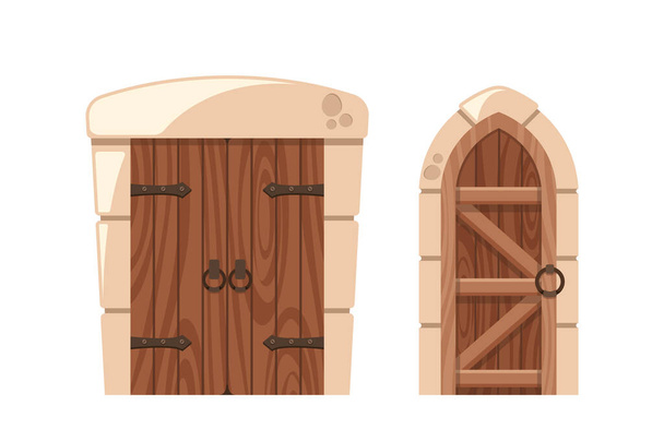 Арки и прямоугольные средневековые двери с железными ручками и выветриваемым деревом. Введение дверей замка, стать вечными хранителями, приглашая истории и тайны, чтобы раскрыться за пределы своих порогов - Вектор,изображение