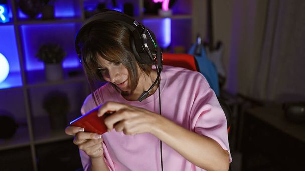Young beautiful hispanic woman streamer playing video game using smartphone at gaming room - Valokuva, kuva