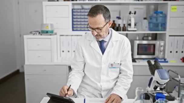 Homme d'âge moyen aux cheveux gris souriant, un scientifique de laboratoire, écrivant avec confiance sur son pavé tactile au laboratoire - Séquence, vidéo