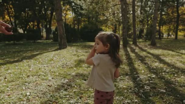 Äiti näyttää tyttärelleen, miten työntää männynkäpy jalallaan, hauskaa yhdessä puistossa. Kerään tötteröitä. lapsi kävelee vihreällä ruoholla. Käsite - Materiaali, video
