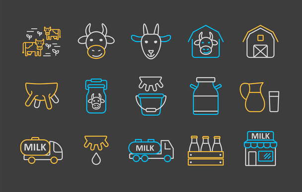 Vektor mléka na tmavém pozadí nastaven. Značka mléčných výrobků. Graf symbol pro vaření webové stránky a aplikace design, logo, app, UI - Vektor, obrázek