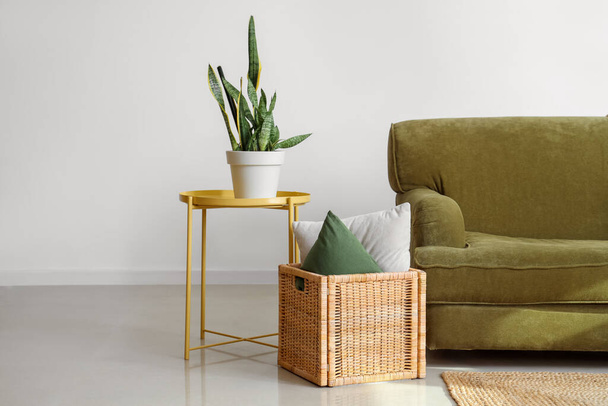 Interno di luminoso soggiorno con divano verde, tavolo e cesto - Foto, immagini