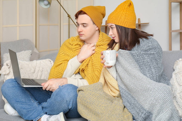 Молодая пара с ноутбуком дома в зимний день - Фото, изображение
