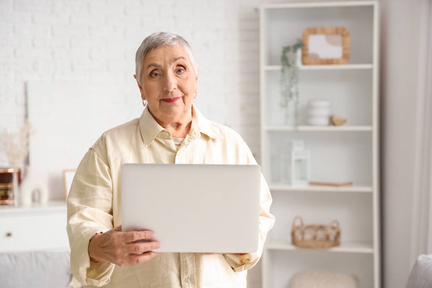 Evde dizüstü bilgisayarı olan yaşlı bir kadın. - Fotoğraf, Görsel