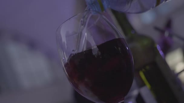 Szkła czerwony koktajl z czerwonymi owocami w pobliżu butelkę wina. Z bliska - Materiał filmowy, wideo