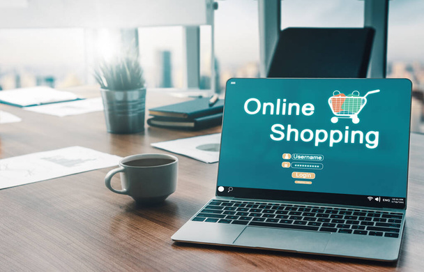 Çevrimiçi alışveriş ve İnternet Para Ödeme İşlem Teknolojisi. Modern grafik arayüzü, müşterilerin internet sitesinden ürün alıp online transferle ödeme yapacakları e-ticaret perakende mağazasını gösteriyor. uds - Fotoğraf, Görsel