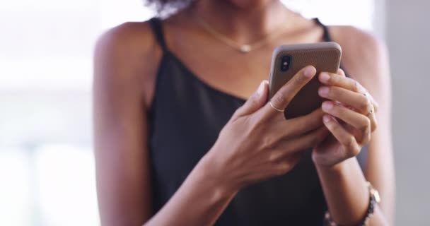 Woman, hands and phone with social media, web search and networking on a app. Female person, mobile and texting on the internet and web with technology with text and scroll on cellphone typing. - Footage, Video