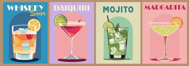 Cocktails retro poster set. Mojito, Whiskey Sour, Daiquiri, Margarita. Collection of popular alcohol drinks. Vintage vector illustrations for bar, pub, restaurant decoration, kitchen wall art print. - Vector, Image