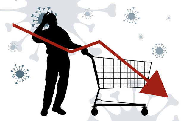 Vector illustration of economic crisis with sed man with empty shopping cart symbol. - Vector, Image