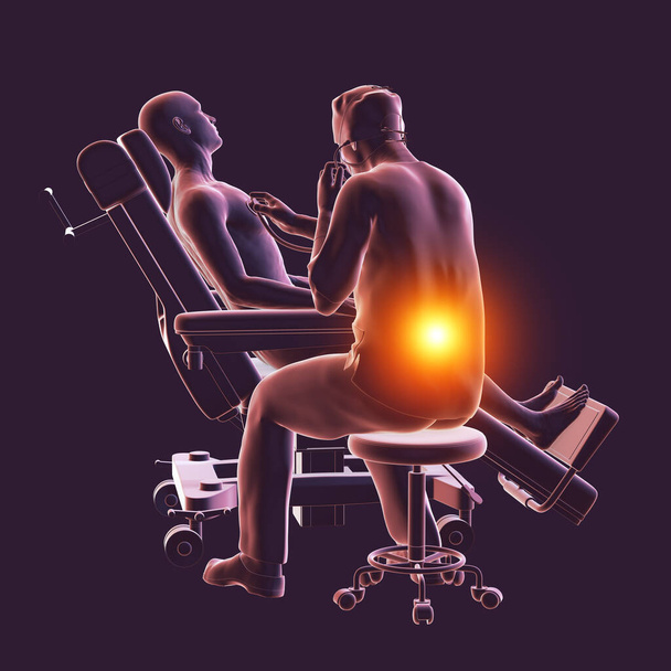 3D ilustrace symbolizující nemoci z povolání ve zdravotnictví, s lékařem zažívá bolesti zad v důsledku pracovního stresu. - Fotografie, Obrázek
