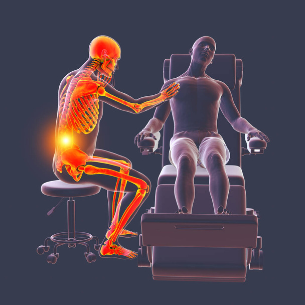 Ilustración 3D que simboliza las enfermedades ocupacionales en la atención sanitaria, con un médico que experimenta dolor de espalda debido al estrés laboral. - Foto, imagen