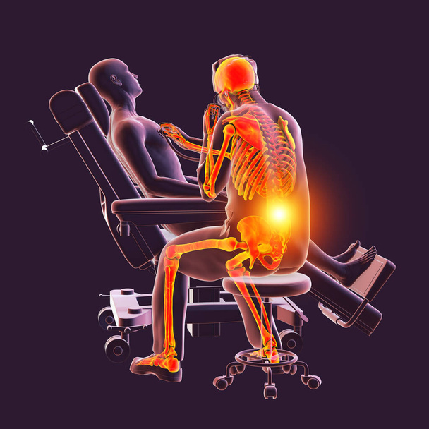 3D illustration symbolizing occupational diseases in healthcare, featuring a doctor experiencing back pain due to work-related stress. - Photo, Image