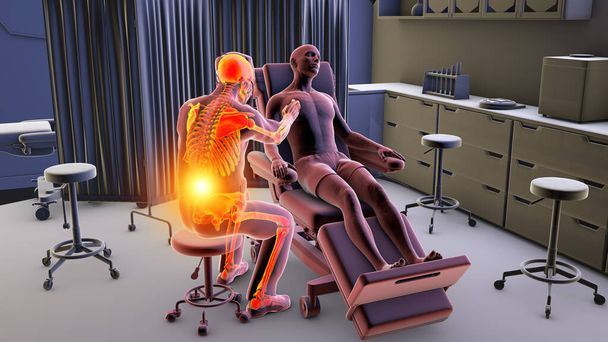 3D απεικόνιση που συμβολίζει επαγγελματικές ασθένειες στην υγειονομική περίθαλψη, με γιατρό που βιώνει οσφυαλγία λόγω άγχους που σχετίζεται με την εργασία. - Φωτογραφία, εικόνα