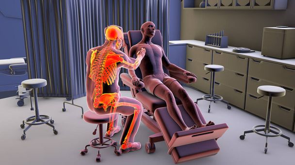 Ilustración en 3D que representa a un médico examinando a un paciente en una rueda médica en una sala de admisión del hospital, asegurando una atención cuidadosa. - Foto, imagen