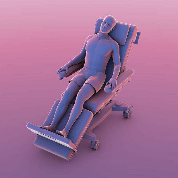 3D illustration portraying a patient on a medical wheel, symbolizing healthcare mobility and transport in a clinical setting. - Photo, Image