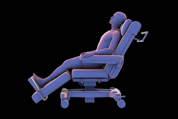 Illustration 3D représentant un patient sur une roue médicale, symbolisant la mobilité et le transport des soins de santé en milieu clinique. - Photo, image