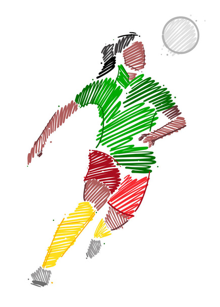 Рисунок женщины-футболистки, доминирующей над мячом, сделанным из мазков кисти в стиле эскиза - Вектор,изображение