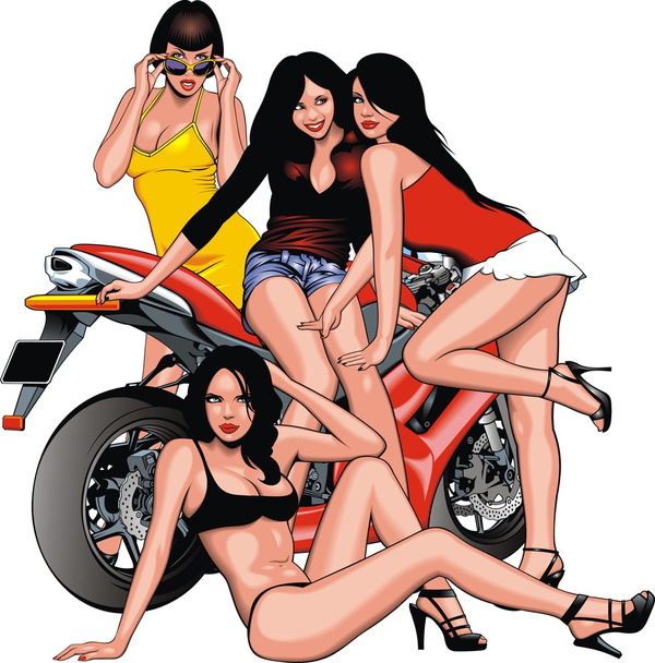 mukavia tyttöjä ja moottoripyörä
 - Vektori, kuva