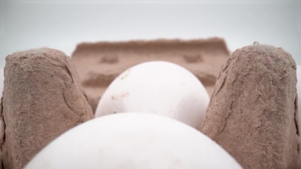 Valkoiset munat laatikossa lähikuva eristetty 4K - Materiaali, video