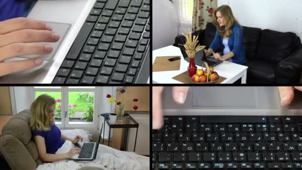Biznes kobieta praca z laptopem w domu. Filmikow kolażu. - Materiał filmowy, wideo