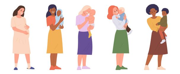 Matky kreslené postavičky izolované set. Šťastná těhotná žena, matka různé národnosti, která nosí dítě různých věkových vektorových ilustrací. Pěstování a rozvoj dětí, šťastné mateřství - Vektor, obrázek
