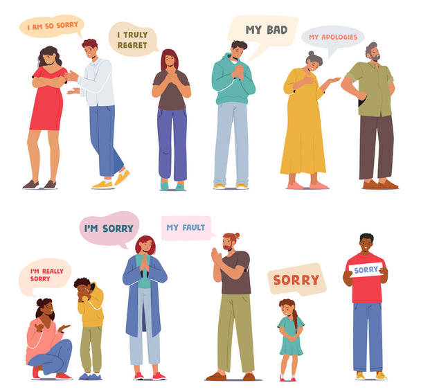 Characters Express Remorse, Saying Sorry With Sincere Tones And Regretful Eyes, Seeking Forgiveness And Understanding, Bridging Gaps With Heartfelt Apologies For Their Actions And Words. Vector Set - Vector, Image