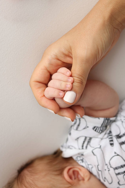 Las manos de los padres sostienen los dedos de un bebé recién nacido. La mano de una madre y un padre de cerca sostiene el puño de un bebé recién nacido. Salud de la familia y atención médica. Foto profesional sobre fondo blanco.  - Foto, Imagen