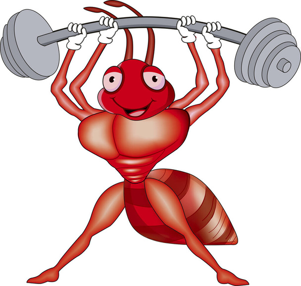 Мощный муравей с большой силой удерживает некоторые тяжести. Очень выраженные мышцы и бицепсы - Вектор,изображение