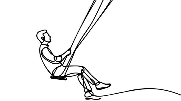 Man swinging on a swing in continuous line art drawing style. Black linear sketch isolated on white background. Vector illustration - Vector, Image