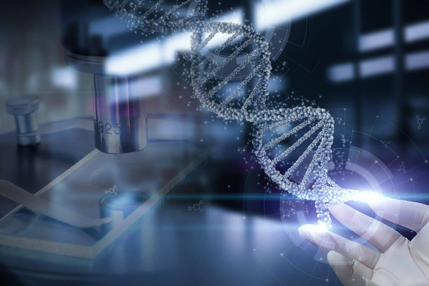 DNA-Molekül und Forscher Hand auf dunklem Hintergrund. - Foto, Bild