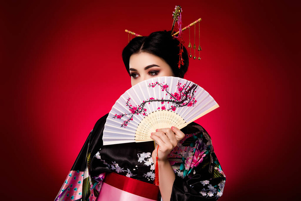 Φωτογραφία από εκπληκτική αξιολάτρευτο κυρία Geisha ντυμένος kimono sakura εκτύπωσης αναζητούν κενό χώρο που απομονώνονται σε φόντο κόκκινο χρώμα. - Φωτογραφία, εικόνα
