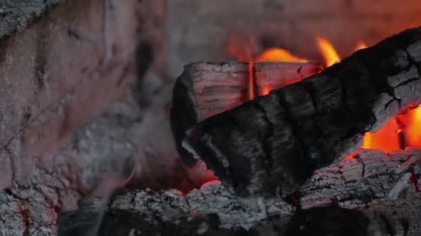 火災や木製の丸太を燃やす暖炉。水平方向のパン - 映像、動画