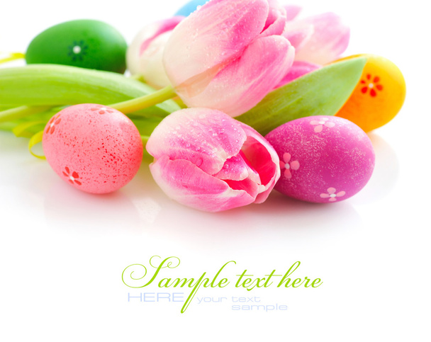 Ovos de Páscoa com flores de tulipa rosa no fundo branco
 - Foto, Imagem