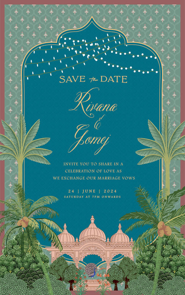 Design de cartão de convite mogol com templo mogol, pavão, árvores tropicais e ilustração vetorial de flores. - Vetor, Imagem