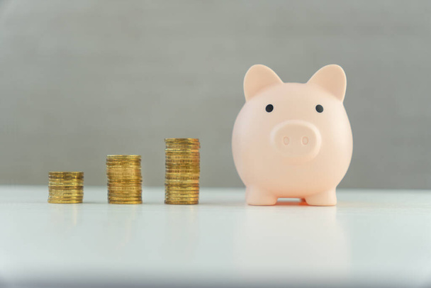 Piggybank y torre del dinero en un fondo gris.. el concepto de crecimiento de beneficios y ahorros. - Foto, imagen