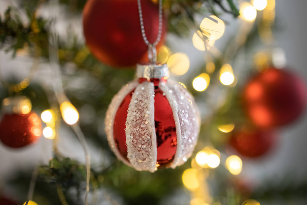 Κόκκινη ριγέ μπάλα σε χριστουγεννιάτικο δέντρο. Ταχυδρομική κάρτα. Φωτογραφία - Φωτογραφία, εικόνα