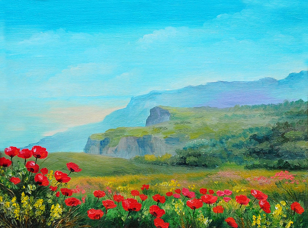 Olaj festmény - pipacs mező, a hegyekben - Fotó, kép
