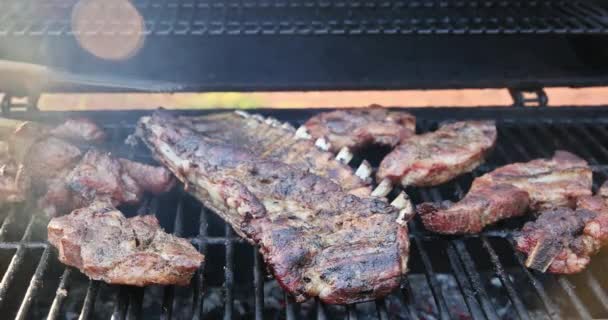 Preparazione assortimento varie carni suine succose sono affumicate a caldo sulla griglia barbecue - Filmati, video