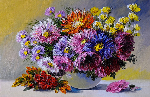 Olie op canvas - stilleven schilderen van bloemen op de tafel, kunst wo - Foto, afbeelding