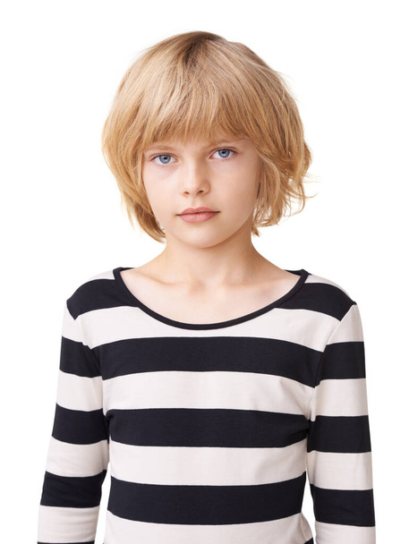 Portrait, mode et jeunesse avec un modèle enfant en studio isolé sur fond blanc pour un style enfant. Enfants, tendance et sérieux avec une jeune fille blonde confiante dans une tenue décontractée. - Photo, image