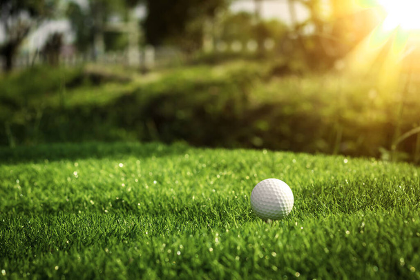 Golf ball close up on tee grass on blurred beautiful landscape of golf background. Concept international sport that rely on precision skills for health relaxation.	 - Φωτογραφία, εικόνα