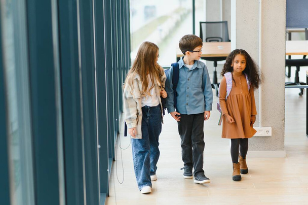 Portrait of kids standing in elementary school hallway. - Foto, immagini