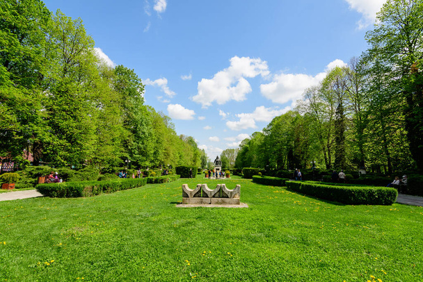 Targoviste, Románia, 2022. május 1.: Vidék élénk zöld fákkal és fűvel a Chindia Parkban (Parcul Chindia) a város központjában egy napos tavaszi napon, fehér felhőkkel és kék égbolttal - Fotó, kép