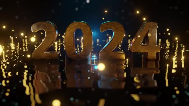 Lähikuva kultaa numero 2024 heijastava musta aaltoileva maa jään sininen bokeh tausta. Kultahiukkaset lentelevät. Hyvää uutta vuotta 2024. Saumaton. 4K. 3D-renderointi. - Materiaali, video