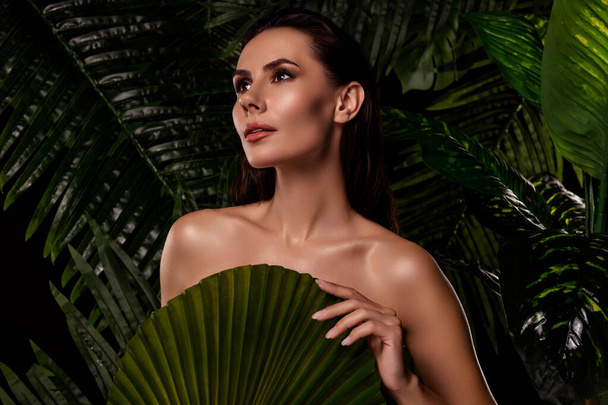 Zdjęcie marzycielskiej uroczej pani nagie ramiona korzystających z ciała zamknięcia duże liście palmy zewnątrz tropikalny kurort. - Zdjęcie, obraz