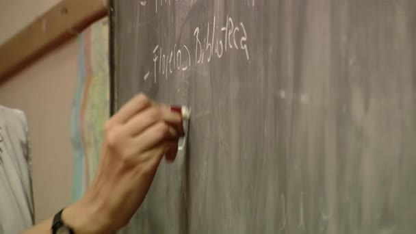 Female Teacher Writing the Words "Vase, Library, Books and School" sur le tableau de l'école publique argentine. Gros plan.   - Séquence, vidéo