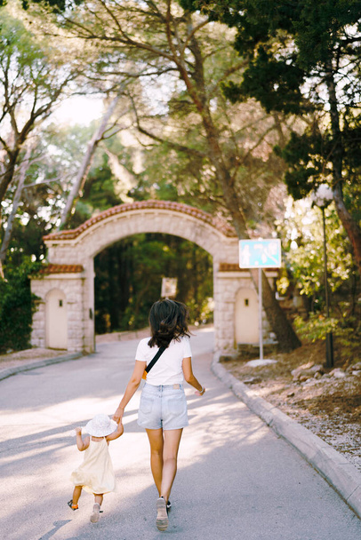 ママと小さな女の子は,公園のゲートへの道を走り,手を握りました. バックビュー. 高品質の写真 - 写真・画像