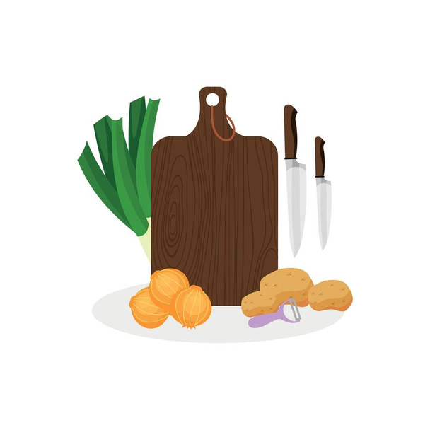 Tabla de cortar con cuchillos y verduras sobre fondo blanco - Vector, imagen