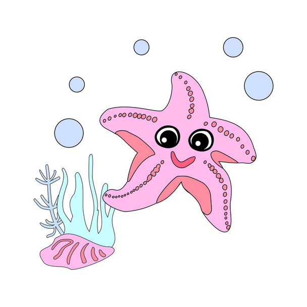 Starfish com bolhas e algas no oceano. Para cartazes, impressões digitais em roupas. Vetor - Vetor, Imagem